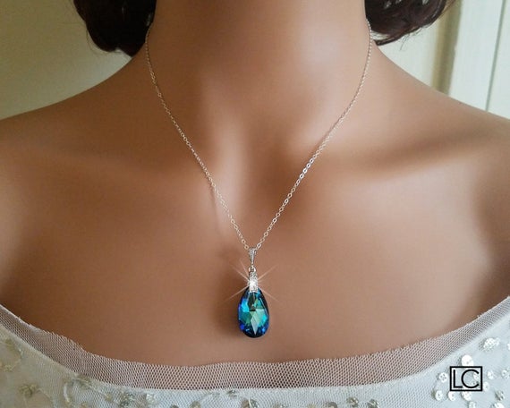 Mariage - Bermuda Blue Peacock Crystal Necklace, Swarovski Bermuda Blue Necklace, Wedding Necklace, Peacock Teardrop Bridal Necklace, Bridal Jewelry