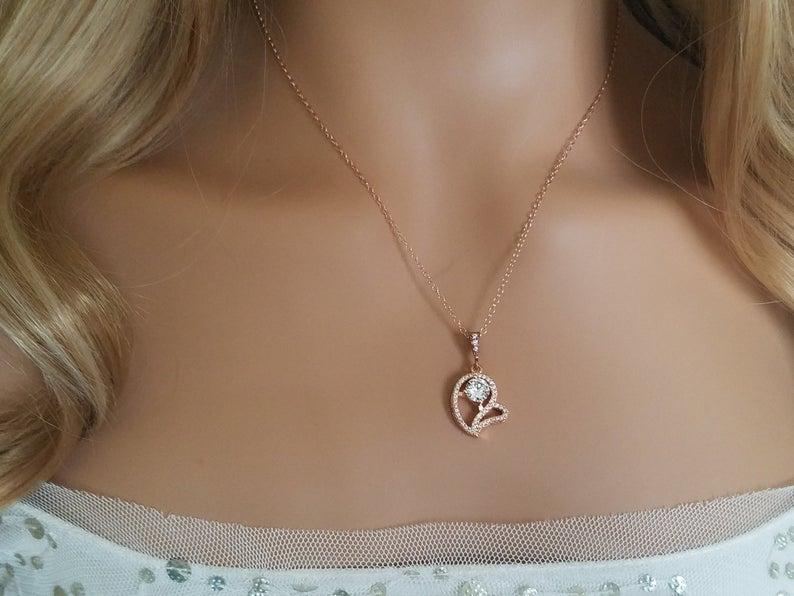 Mariage - Rose Gold Heart Necklace, Wedding Rose Gold Charm Necklace, CZ Heart Pendant Necklace, Bridal Heart Necklace, Pink Gold CZ Heart Necklace