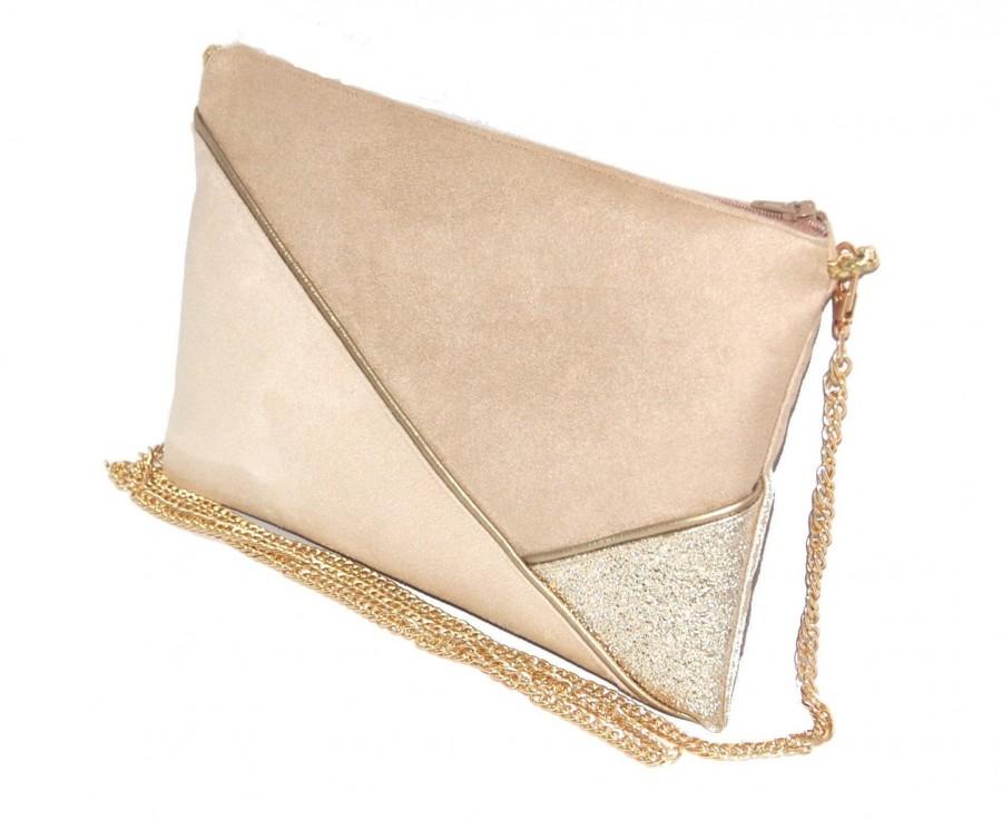Wedding - Wedding pouch, evening pouch, beige suedette bag, sand, faux leather, gold glitter-after the beach