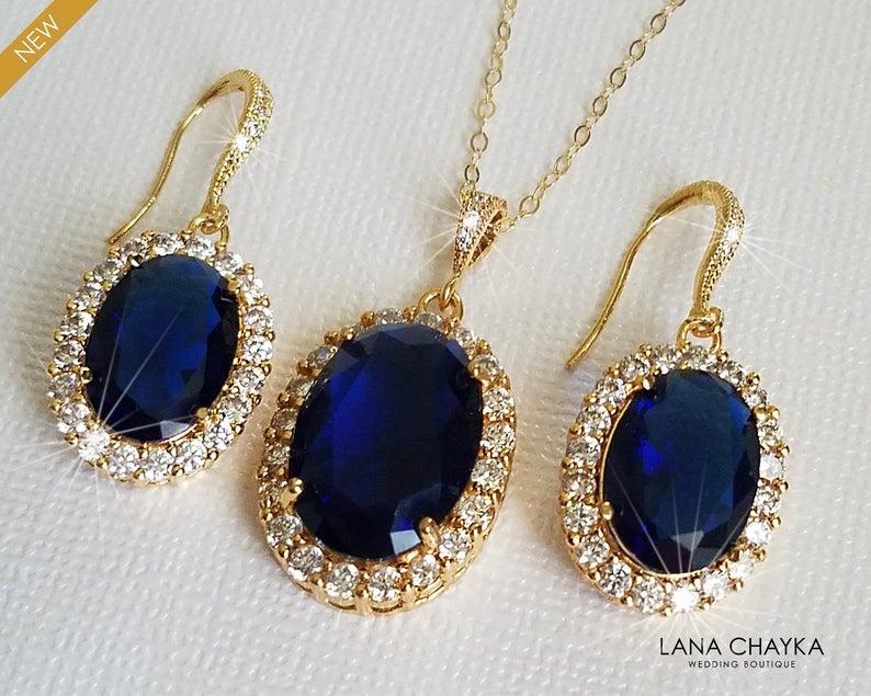 Mariage - Blue Oval Crystal Jewelry Set, Navy Blue Halo Jewelry Set, Dark Blue Wedding Earrings&Necklace Set, Sapphire Blue Jewelry, Bridal Party Gift