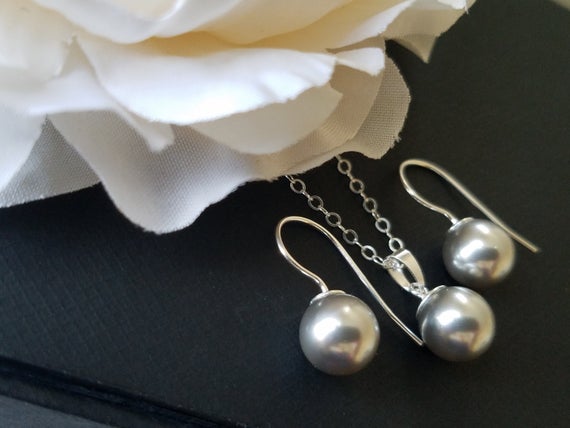 زفاف - Light Grey Pearl Jewelry Set, Grey Silver Earrings&Necklace Set, Swarovski Pearl Jewelry Set, Wedding Grey Pearl Jewelry, Bridal Party Gift