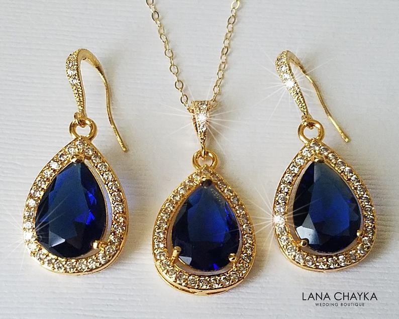 Hochzeit - Navy Blue Gold Crystal Jewelry Set, Blue Sapphire Teardrop Bridal Set, Blue Halo Earrings&Necklace Jewelry Set, Dark Blue Jewelry, Prom Set
