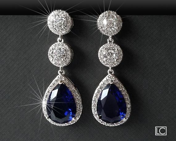 Mariage - Navy Blue Crystal Earrings, Blue Chandelier Bridal Earrings, Sapphire Blue Teardrop Earrings Wedding Jewelry Bridal Jewelry Sparkly Earrings