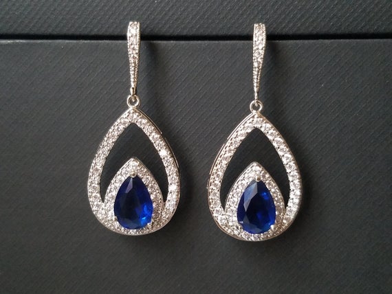 Wedding - Navy Blue Crystal Earrings, Blue Cubic Zirconia Wedding Earrings, Sapphire Teardrop Earrings, Statement Earrings, Royal Blue Bridal Earrings