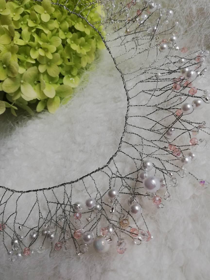 Hochzeit - White Crystal Pearl Silver Wedding Headband Crown Wreath Handmade
