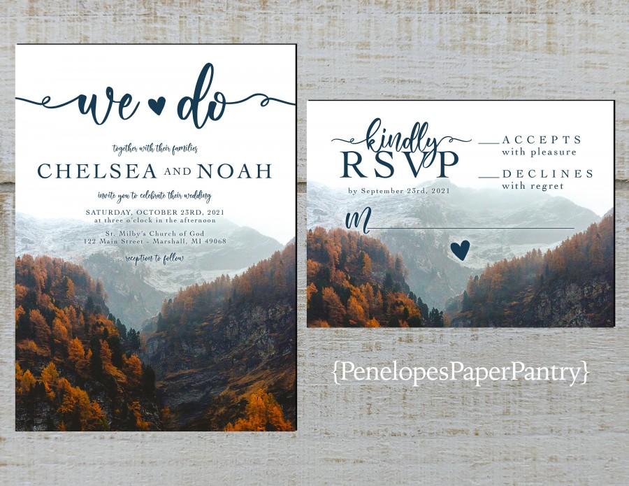 Mariage - Fall Mountain Wedding Invitation,Mountains,Fall Color,Forest,Mist,Fog,Destination,Unique,Personalize,Printed Invitation,Wedding Set,Envelope