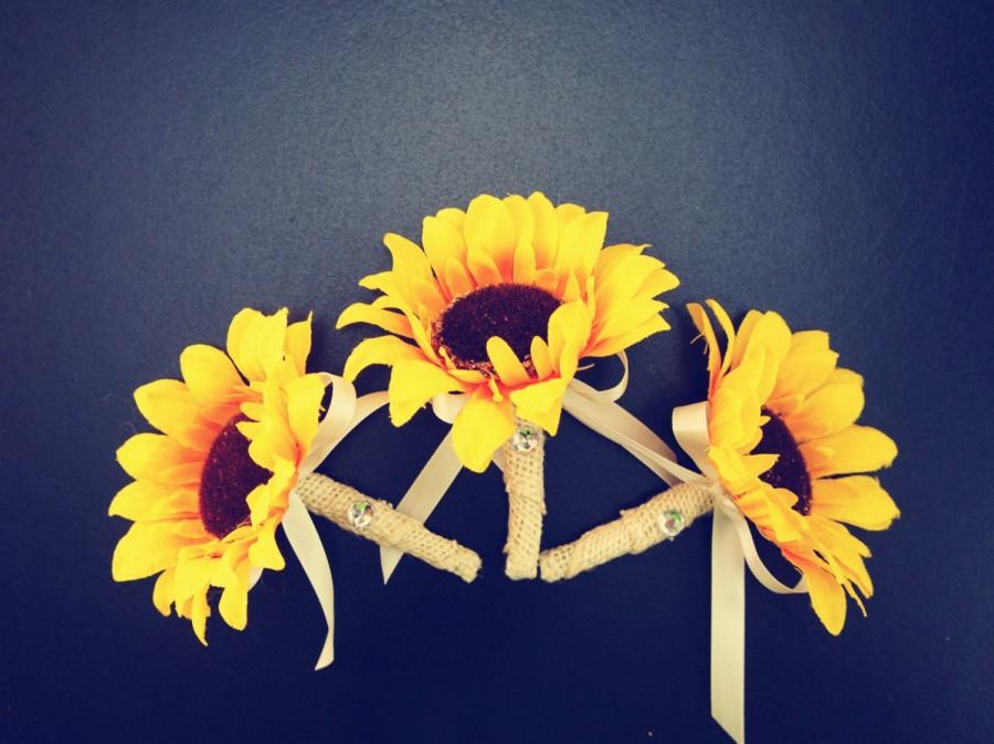 زفاف - Boutonniere-3pc set:Sunflower Burlap ribbon with ivory bow and bling bead