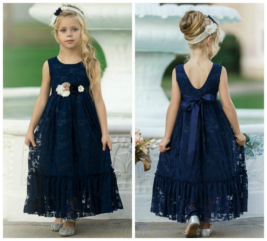 Mariage - Navy flower girl dress, girl lace dress, country flower girl, Rustic flower girl dress,Bohemian Flower girl lace dress,Flower girl dresses