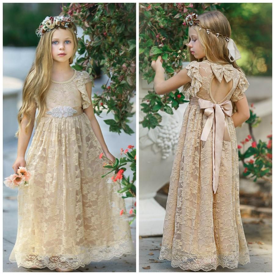 Wedding - Flower girl dress, lace rustic flower girl dress, Lace flower girls dresses, Champagne lace girls dress, Toddler dress, Baby dress.
