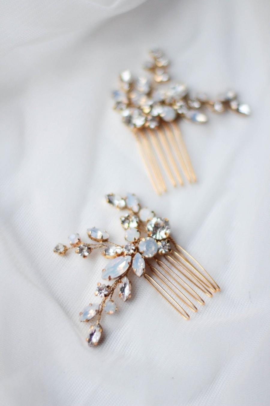 Свадьба - Wedding Hair Pins Bridal Gold Opal Hair Combs Set of TWO Wedding Opal Comb PAIR Jeweled Mini Combs Christmas Gift Jewelry HC-115