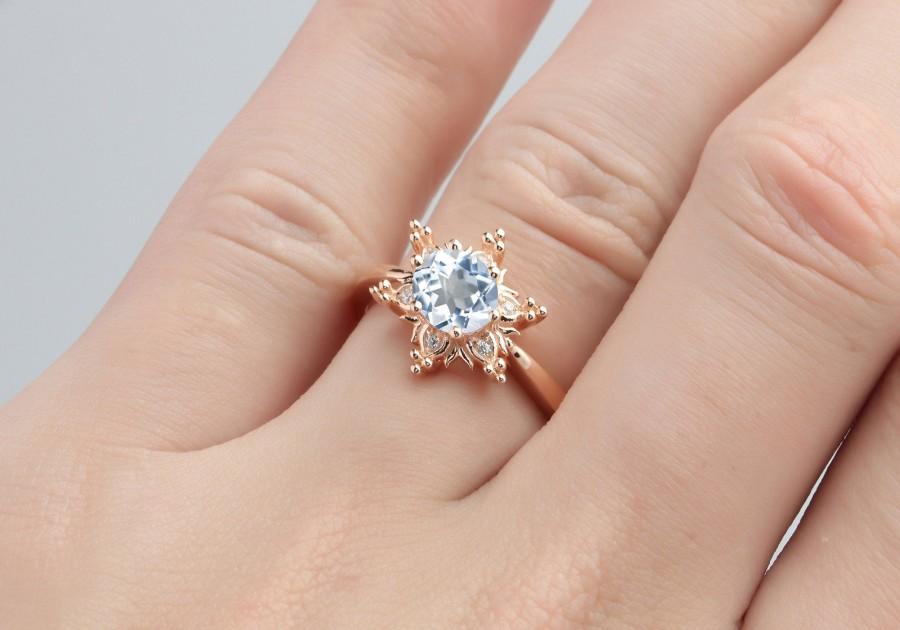 زفاف - Delicate Snowflake Shape Halo Diamond Ring, Vintage Round Cut 6.5mm Aquamarine Gemstone Ring, Custom Antique Engagement Solid Rose Gold Ring