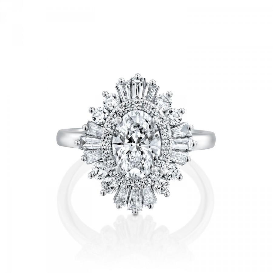 زفاف - 2 Carat Oval Gatsby Ring, Ballerina Ring, GIA Art Deco Engagement Ring, Oval Halo Ring, Vintage Style Ring