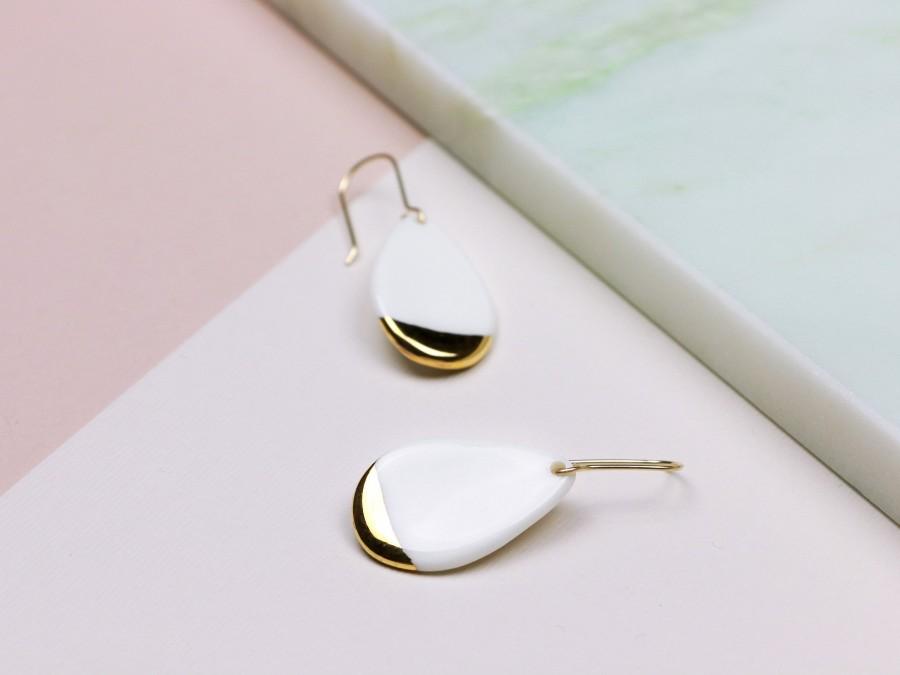 Wedding - Small Porcelain Drop Earrings / White Porcelain Earrings / Dangle Drop Earrings / Teardrop Earrings / Ceramic Earrings / Dipped Earrings