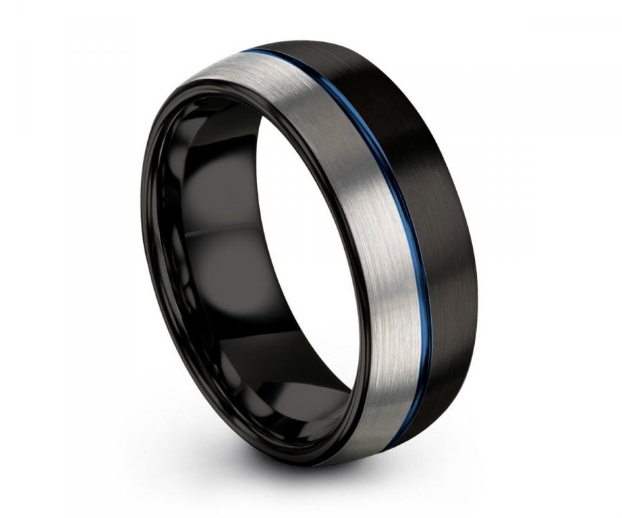 Wedding - Mens Wedding Band Blue, Mens Ring Black & Silver, Tungsten, Engagement Ring, Promise Ring, Personalized, Rings for Men, Rings for Women