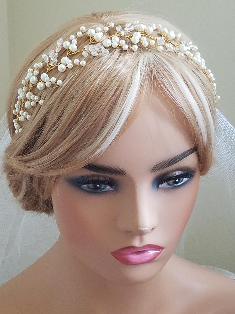 زفاف - Pearl Crystal Bridal Hair Vine, Wedding Pearl Hairpiece, Pearl Gold Headpiece, Pearl Hair Jewelry, Bridal Hair Accessories Pearl Gold Wreath