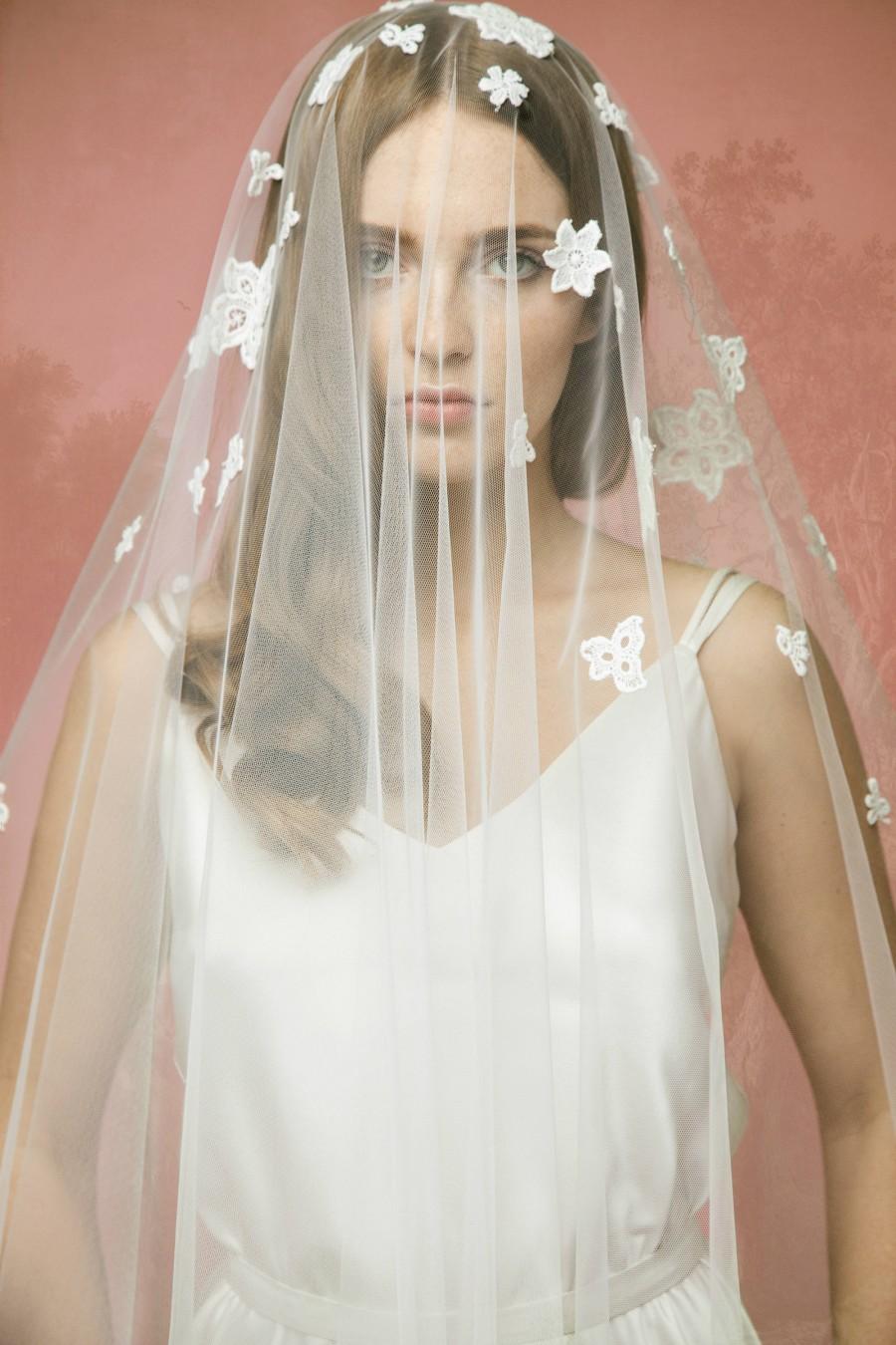Wedding - Lace Bridal Veil A10, Lace Wedding Veil, Lace Applique Veil,Cotton Lace Veil, Tulle Lace Veil, Double Layer Veil, Cathedral Veil, Chapel