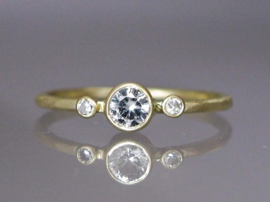 Mariage - Three Stone White Sapphire and Diamond Engagement Ring in Solid 14k Gold