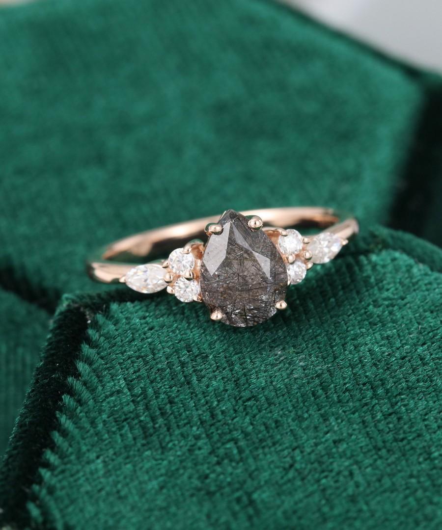 Wedding - Pear shaped Black Quartz Rutilated engagement ring rose gold unique Cluster engagement ring vintage Marquise diamond Bridal gift for women