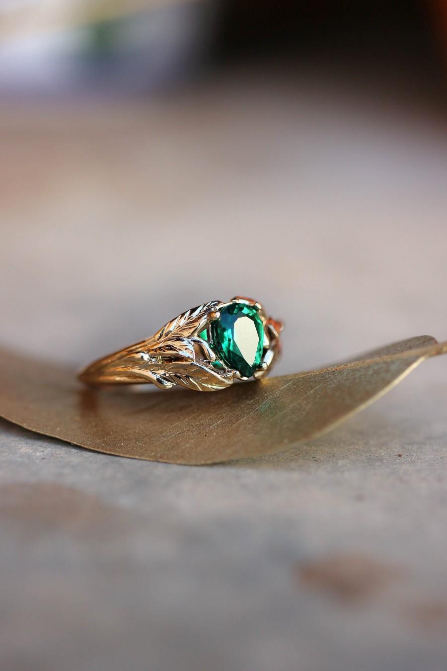 Wedding - Emerald engagement ring, 14K yellow gold leaves ring, leaf ring for woman, unique engagement ring, synthetic emerald ring, teardrop ring