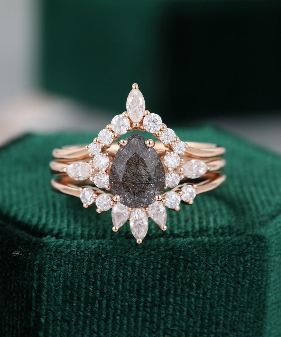 Wedding - 3PCS Black Quartz Rutilated engagement ring set rose gold Pear shaped Unique Cluster ring for women vintage Marquise wedding Promise gift