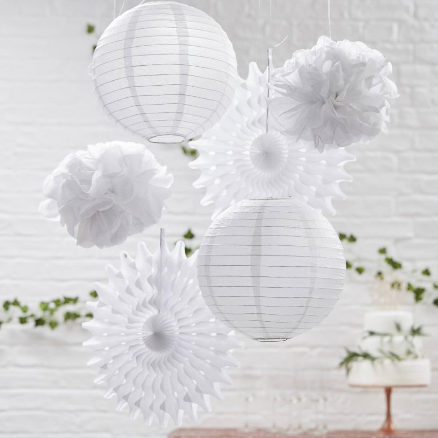 Mariage - 6 White Paper Lanterns and Fans, White Party Decorations, Wedding Decoration, White Baby Shower Decorations, Birthday Decorations