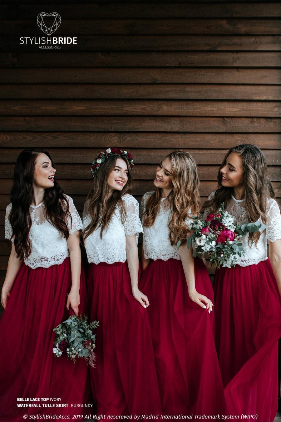 Mariage - Burgundy Bridesmaids Separates, Waterfall Tulle Skirt and Belle Lace Top with Silk Under top available in Plus Sizes