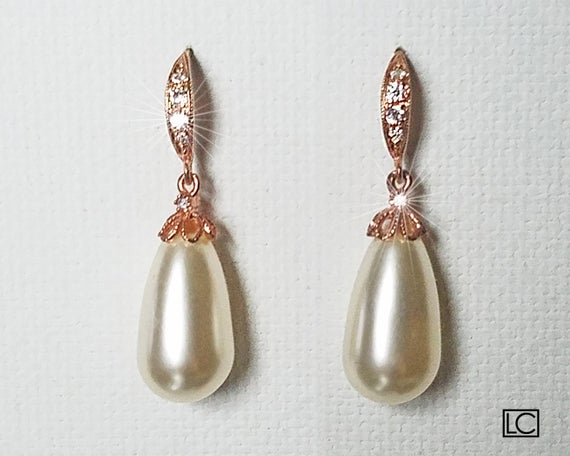 Свадьба - Teardrop Pearl Rose Gold Earrings, Swarovski Ivory Pearl Pink Gold Earrings, Pearl Dangle Wedding Earrings, Bridal Rose Gold Pearl Jewelry,