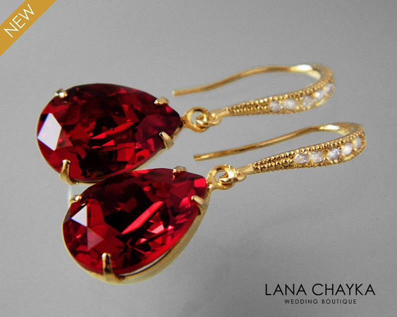 Mariage - Red Crystal Gold Earrings Swarovski Siam Red Teardrop Earrings Bridal Earrings Bridesmaid Gift Red Rhinestone Dangle Earrings Prom Jewelry