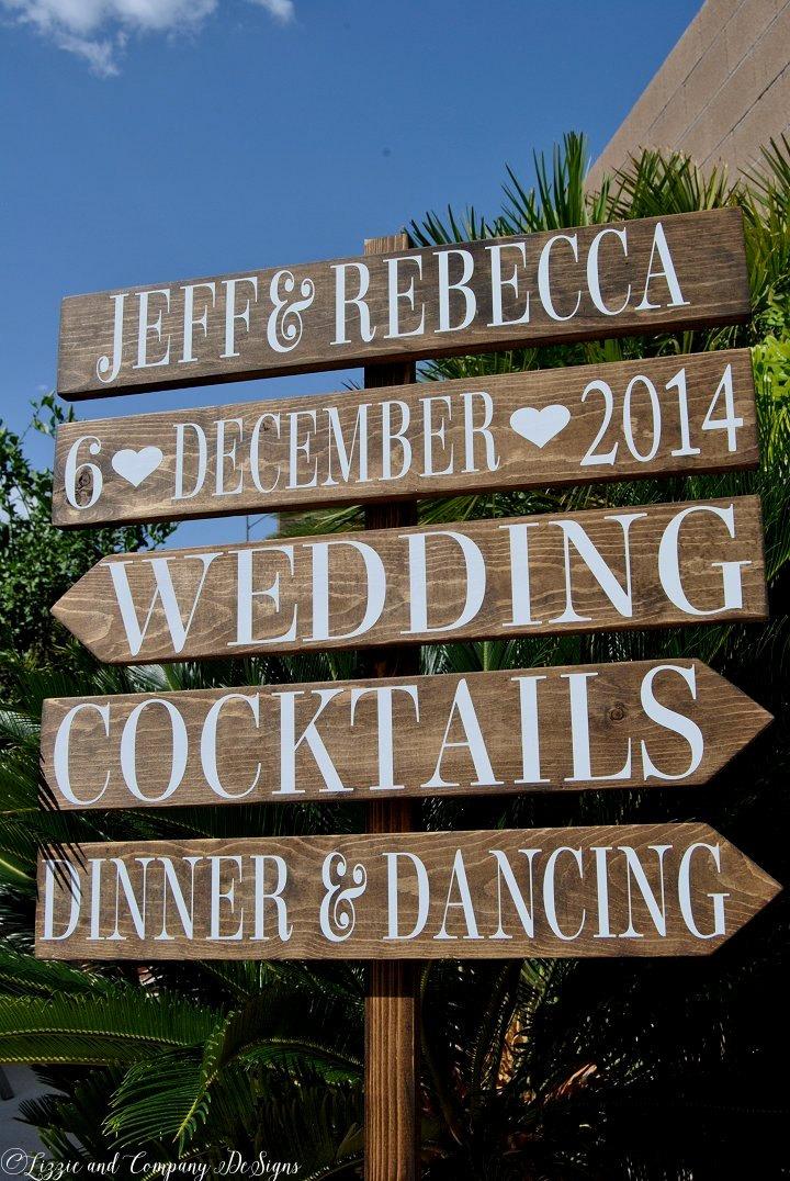 Свадьба - Directional Wedding Sign - Custom Sign- Welcome - Reception Sign - Dinner and Dancing -Backyard Wedding Sign - Rustic Stained - 4ft Stake