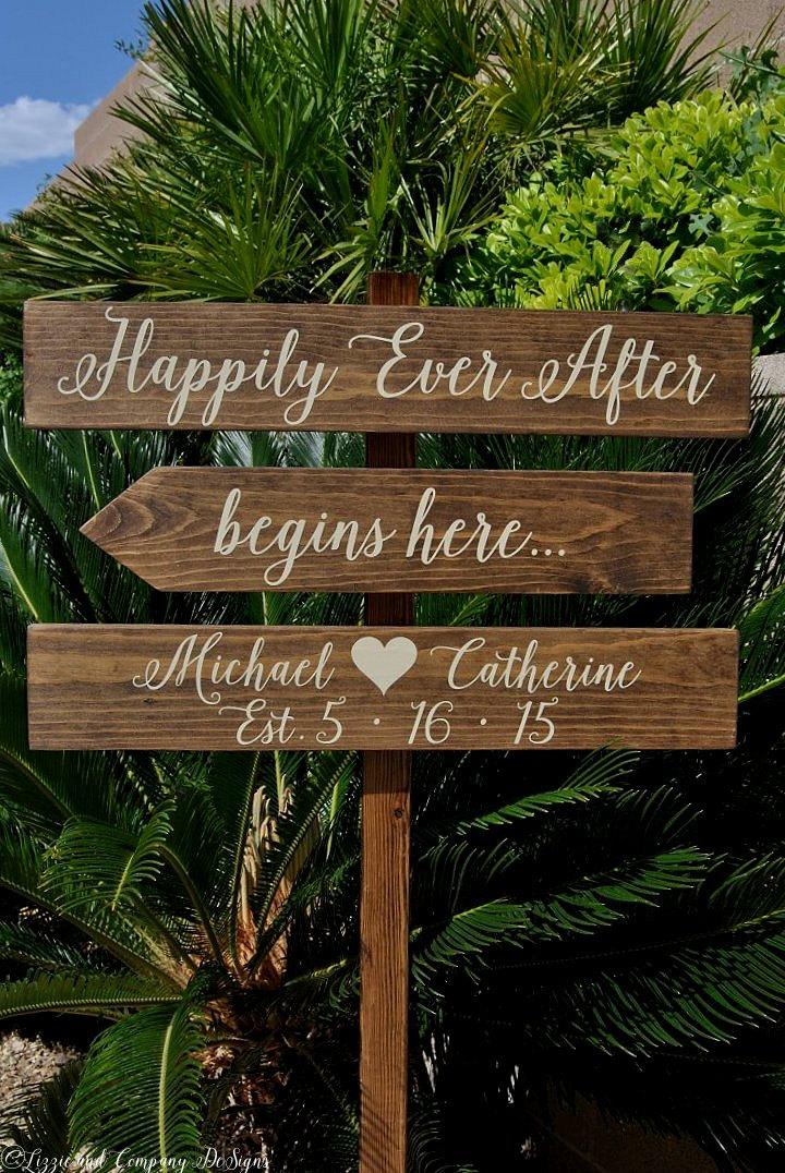 زفاف - Happily Ever After Wedding Sign - Welcome Sign - Names Date Hearts - Personalized Sign - Backyard Wedding - Rustic and Stained- 4ft Stake