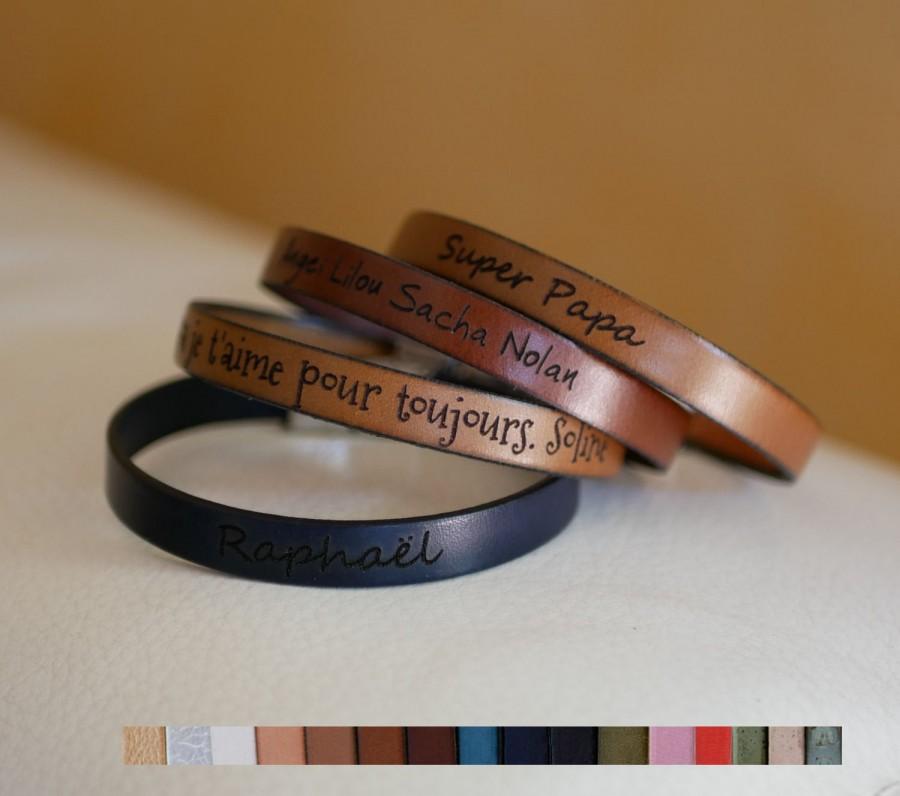 Mariage - Personalized unisex bracelet, custom engraved gift, magnetic or adjustable clasp, leather bracelet customized, inspirational jewelry