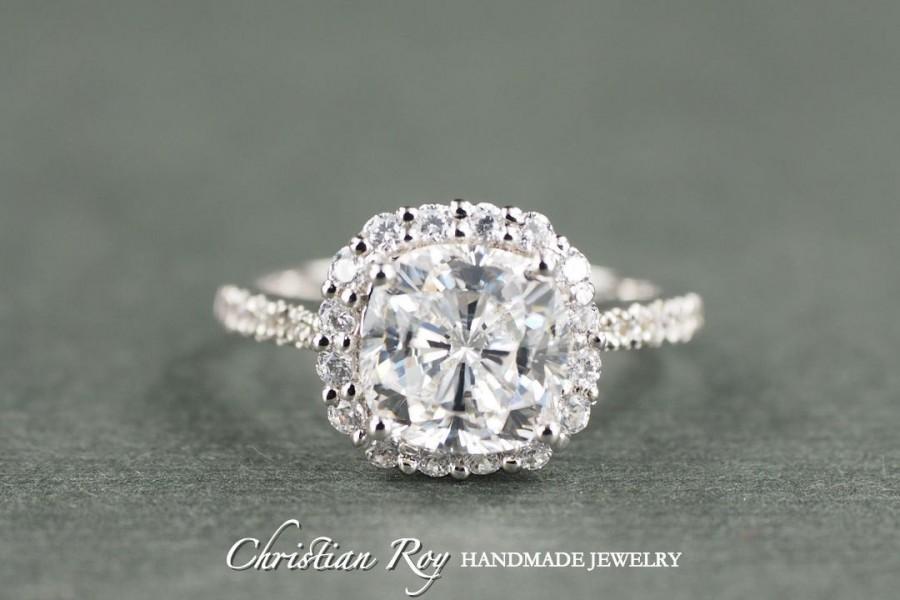 Hochzeit - Cushion Cut Diamond Simulant Engagement Ring - Sterling Silver CZ Cubic Zirconia (#CRRMR172SS)