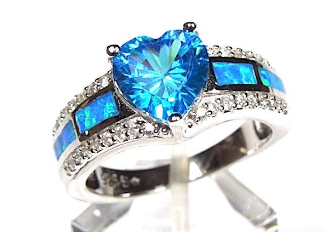 زفاف - 2 Carats Blue Topaz Heart & Blue Fire Opal 925 Sterling Silver Ring Sz 6,7,8,9