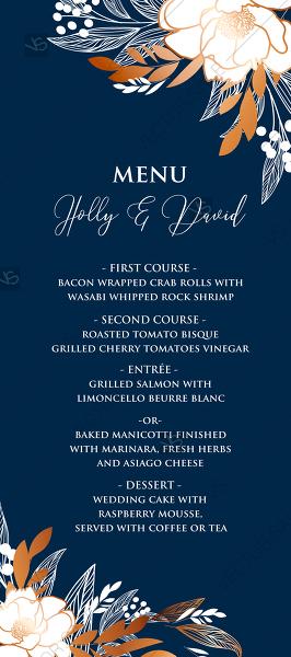 زفاف - Online Editor - Peony foil gold navy classic blue background menu wedding Invitation set PDF 4x9 in invitation editor