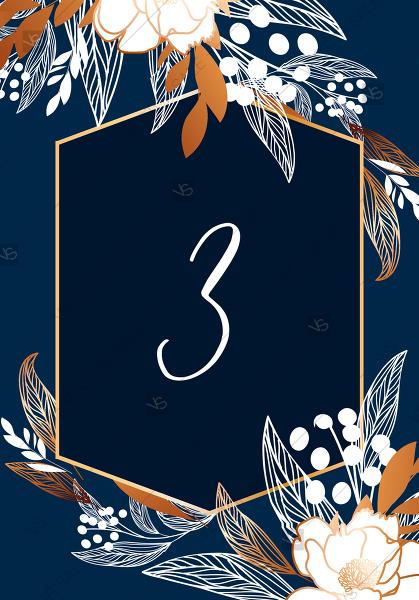 Wedding - Online Editor - Peony foil gold navy classic blue background table place card wedding Invitation set PDF 3.5x5 in edit online