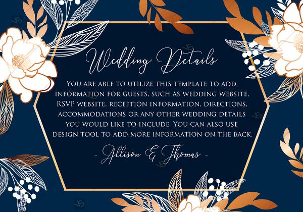 Hochzeit - Online Editor - Peony foil gold navy classic blue background wedding details card Invitation set PDF 5x3.5 in customizable template
