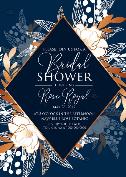 زفاف - Online Editor - Peony foil gold navy classic blue background bridal shower wedding Invitation set PDF 5x7 in wedding invitation maker