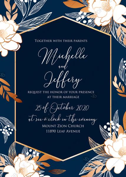 زفاف - Online Editor - Peony foil gold navy classic blue background wedding Invitation set PDF 5x7 in online editor