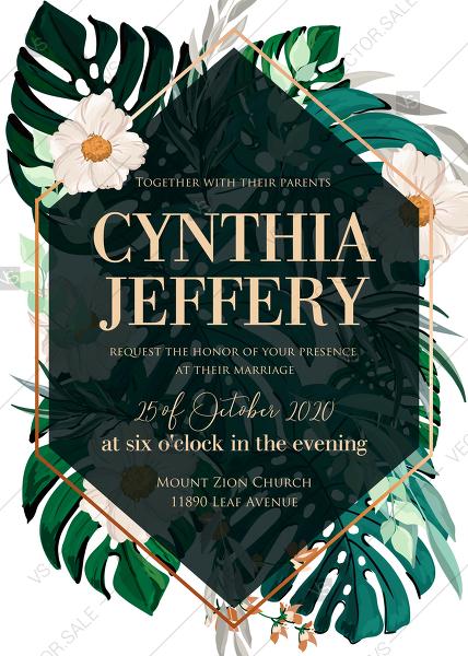 Mariage - Green emerald foil gold tropical monstera palm leaves flower wedding invitation set PDF 5x7 in maker customizable template