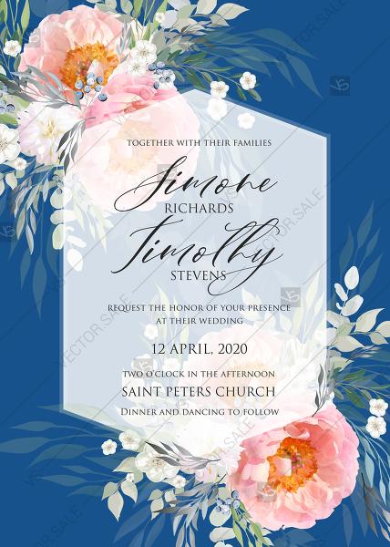 Hochzeit - Pink peony wedding invitation card template PDF 5x7 in classic blue background