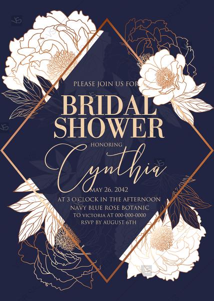 Wedding - White peony foil gold stamping custom card template blue bridal shower wedding invitation set PDF 5x7 in create online