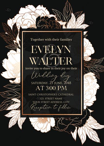 Mariage - White peony foil gold stamping black custom card template wedding invitation set PDF 5x7 in