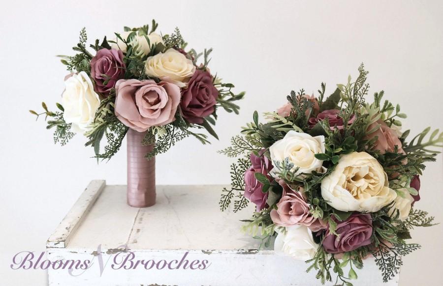 Mariage - Dusty Rose, mauve  and  Ivory Wedding Bouquet, Wedding Flowers, Bridesmaid Bouquets, Corsage, bridal Flower Package