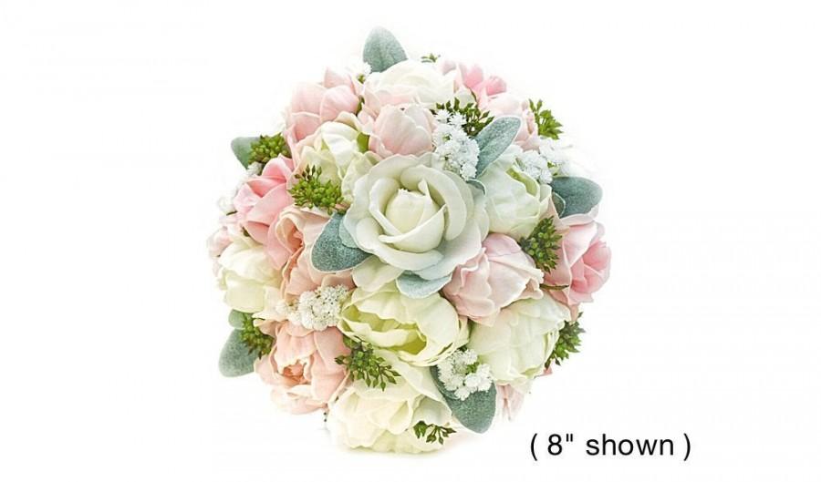 Свадьба - Real Touch White Light Pink Peonies Roses Seeded Eucalyptus Lambs Leaf Babys Breath Bridal Bridesmaids Bouquets Wedding Flowers CenterPieces
