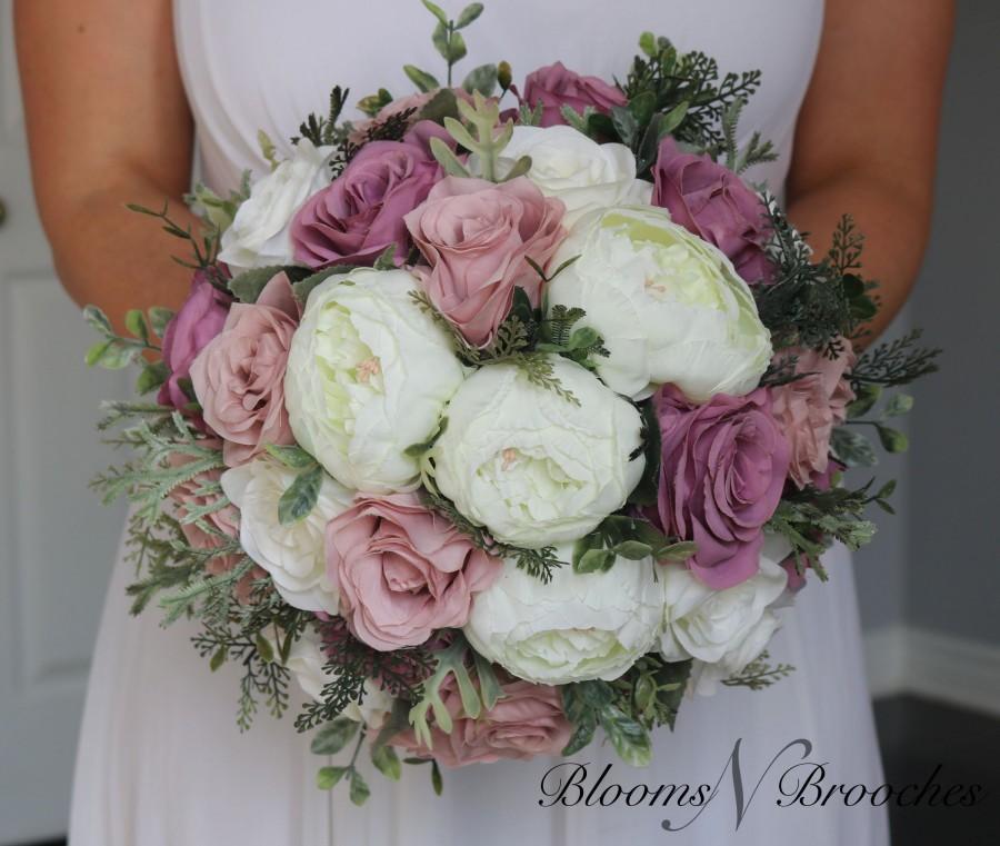 Hochzeit - Dusty Rose, mauve  and  Ivory Wedding Bouquet, Wedding Flowers, Bridesmaid Bouquets, Corsage, Faux Flowers, bridal Flower Package
