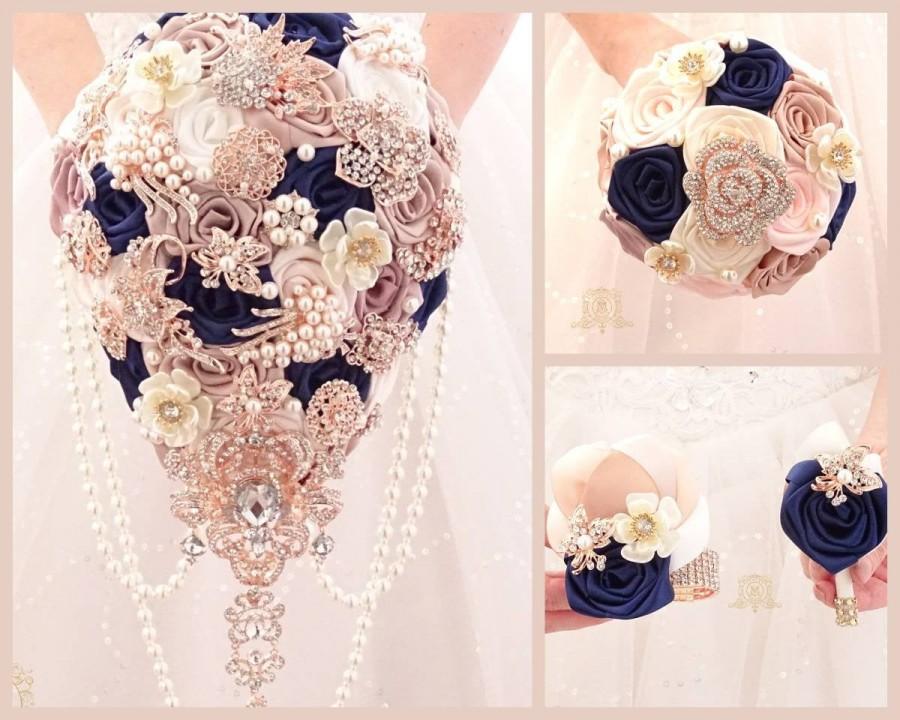 Wedding - Navy blue Rose Gold tearop brooch bouquet