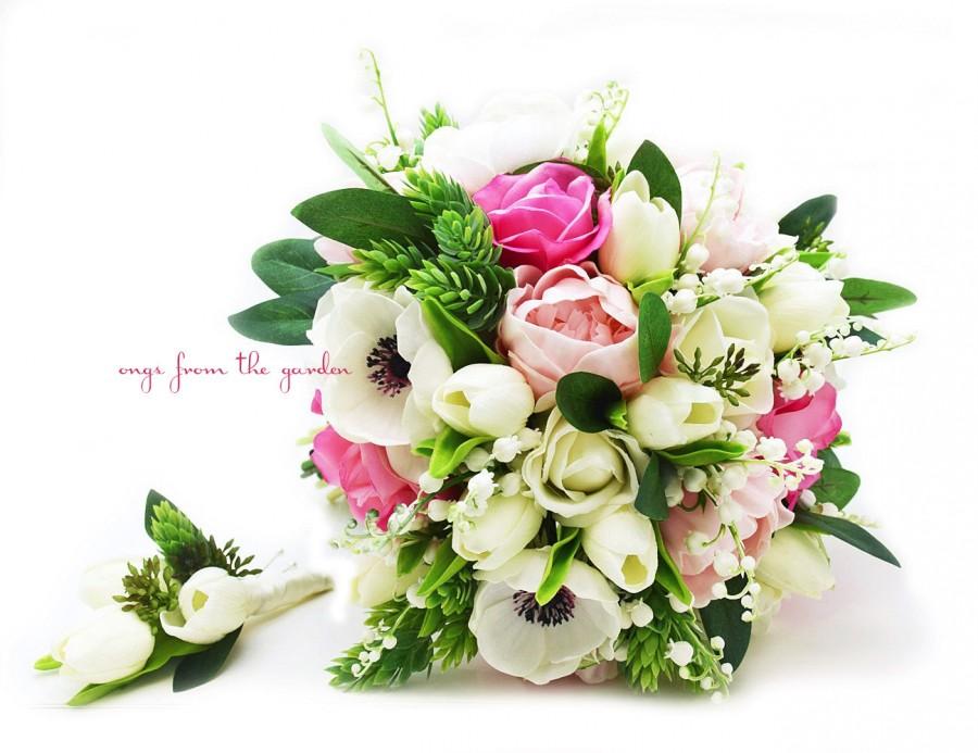Свадьба - Real Touch Bouquet Anemones Lily of the Valley Peonies Tulips Roses Hops Eucalyptus - add a Groom's Boutonniere - Wedding Flower Bouquet