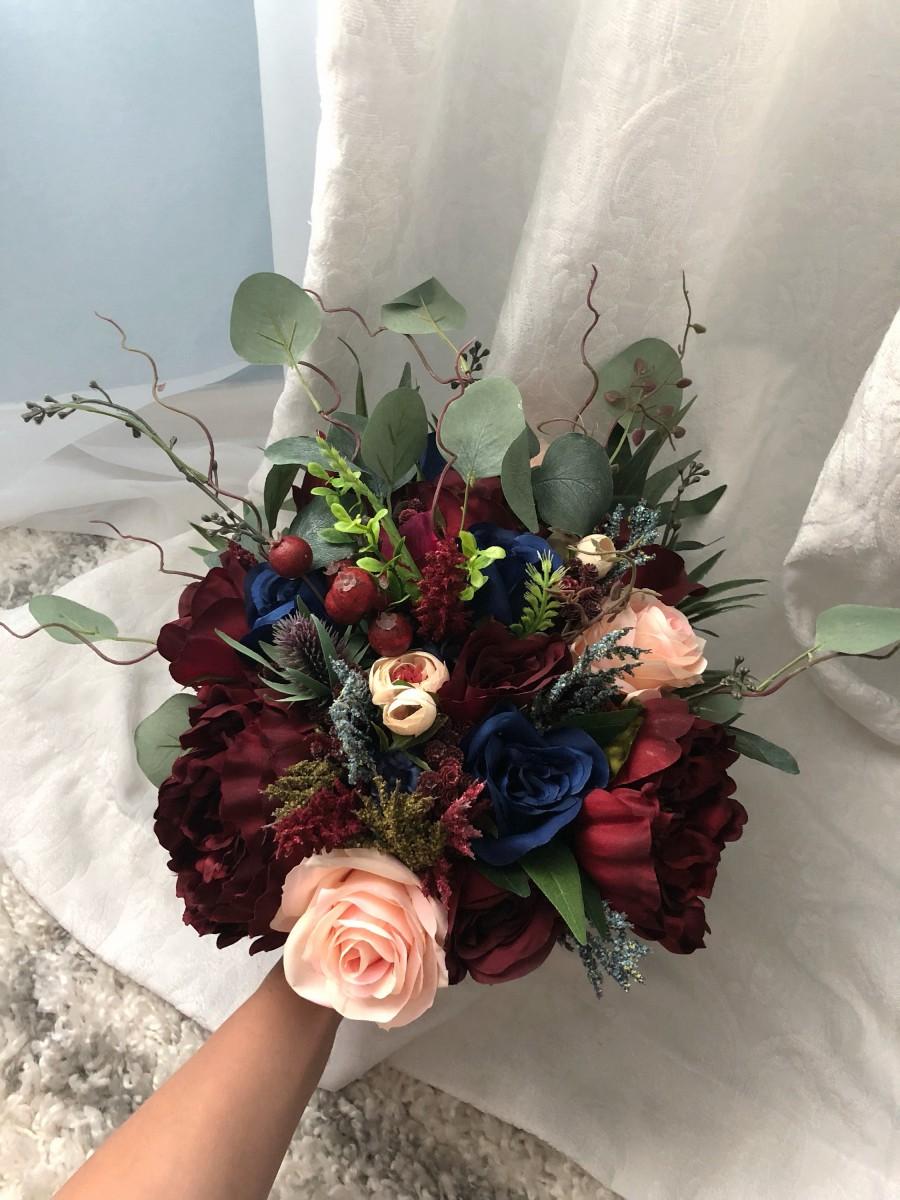 زفاف - Wedding Bouquet Burgundy Navy Blue Red Peony Eucalyptus Wedding Maroon Package Handmade Artificial Faux Flowers Wedding Decor