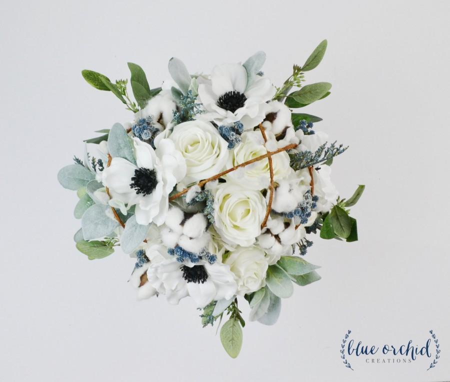 Mariage - wedding bouquet, wedding flowers, bridal bouquet, winter bouquet, silk bouquet, wedding flower set, blue, cotton, pussy willow, anemones
