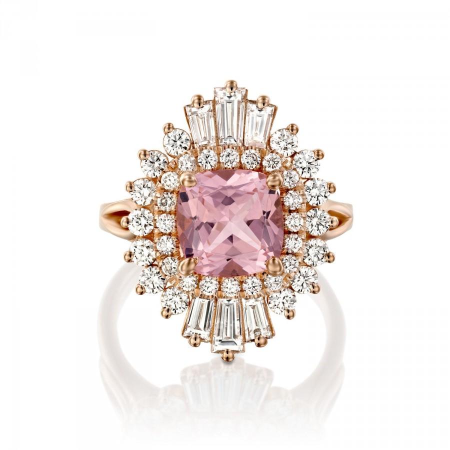 زفاف - At Deco Engagement Ring 1.5 Pink Morganite 1.00CT Diamonds Round And Baguette Cut 14k Rose Gold